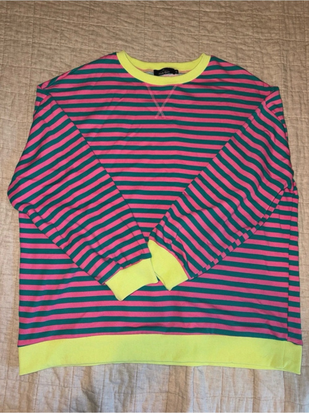 Amazon Neon Yellow Trim Striped Crewneck Sweater in Pink & Teal